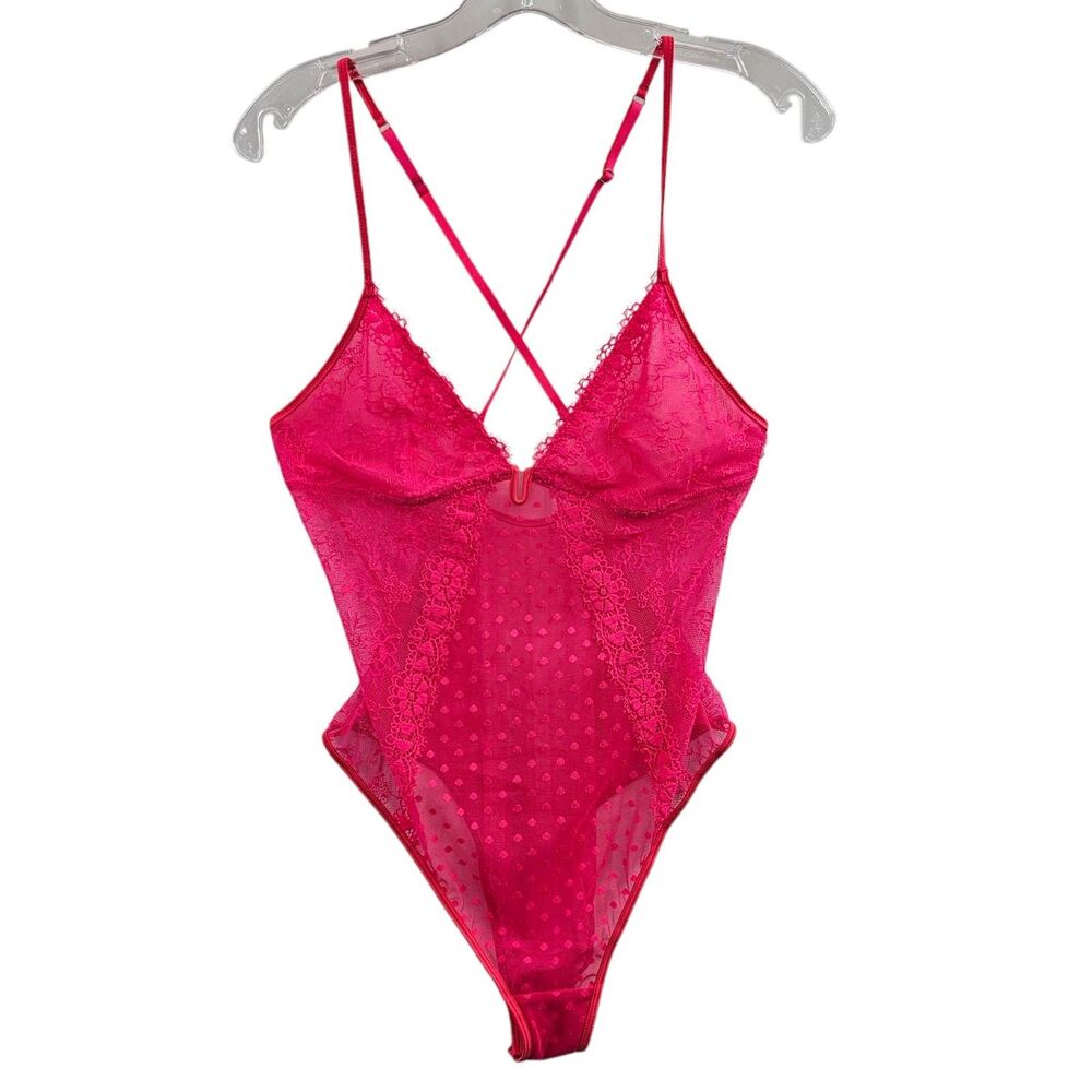 Aerie Hot Pink Lace Bodysuit Teddy Large Sheer Mesh Adjustable Straps Lingerie